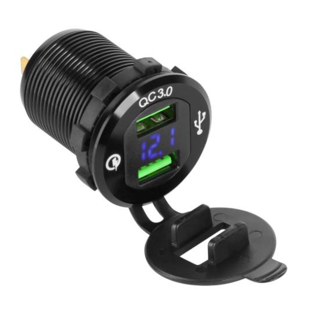 Tomada USB Dupla De Embutir C/ Voltímetro QuickCharge3.0