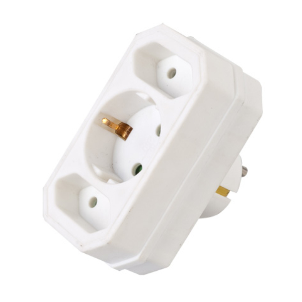 Adaptador Schuko Macho / 2x S/ terra + Schuko Fêmea