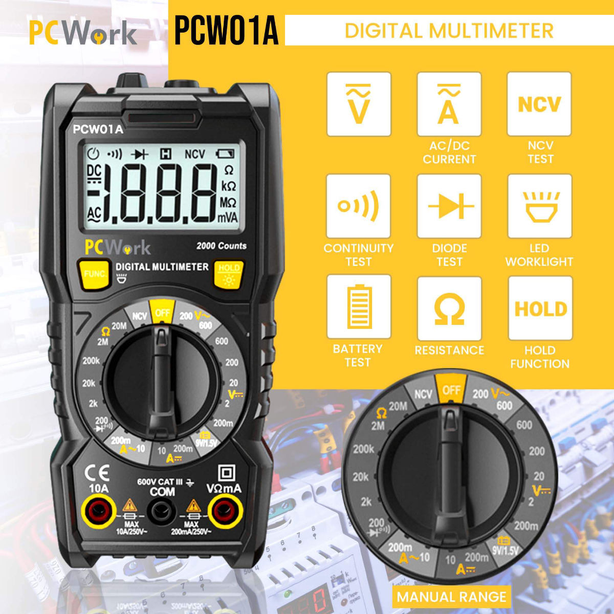 Multímetro Digital CAT III 600V Manual, NCV PCWORK