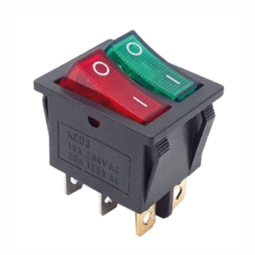 Interruptor Basculante Duplo 15A 250V Lum. Vermelho e Verde