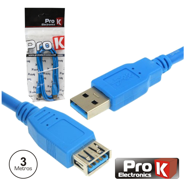 Cabo USB-A 3.0 Macho / USB-A Femea 3m PROK
