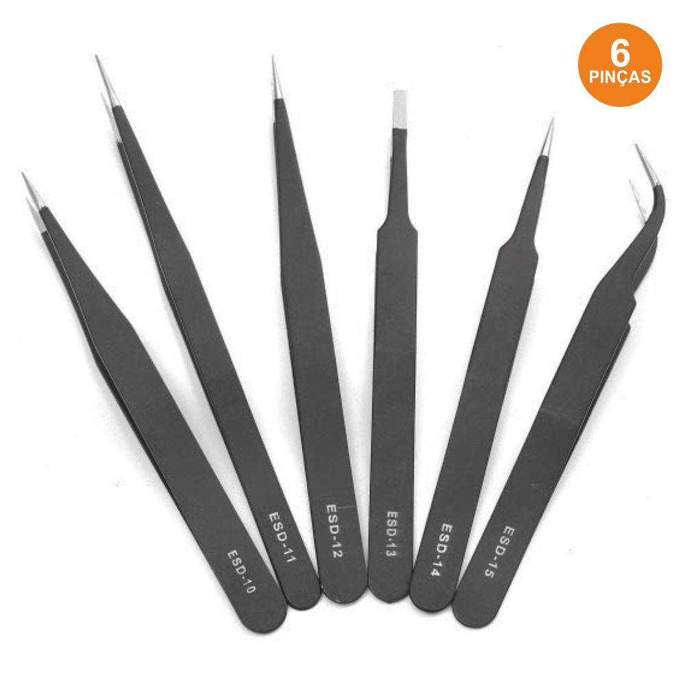 KIT 6 Pinças Antiestáticas com Revestimento ESD