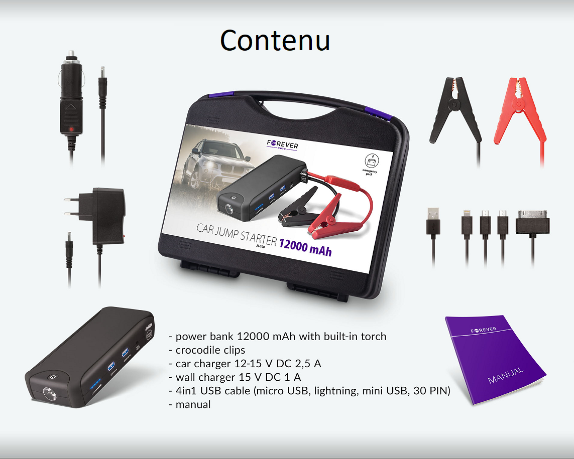 Arrancador Baterias Auto 400A c/ USB e Led - Powerbank 12000mA