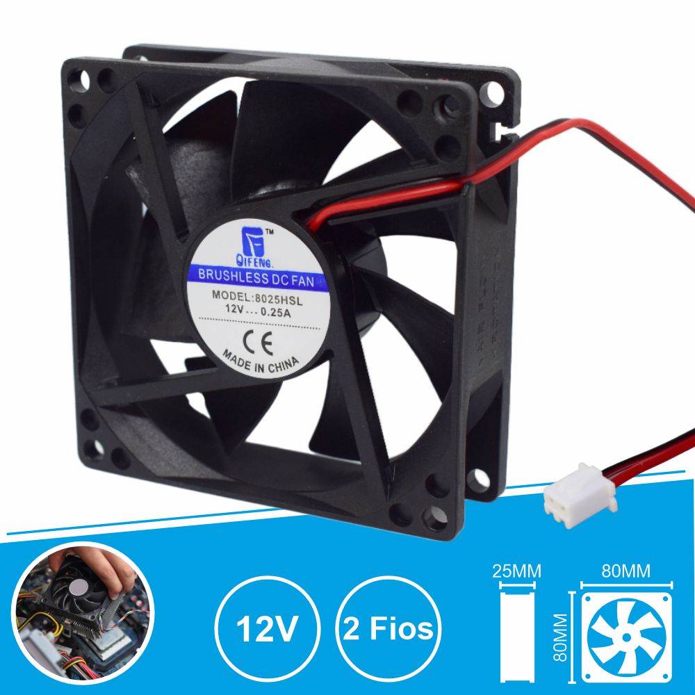 Ventilador DC 12V - 80x80x25mm - 2 Fios