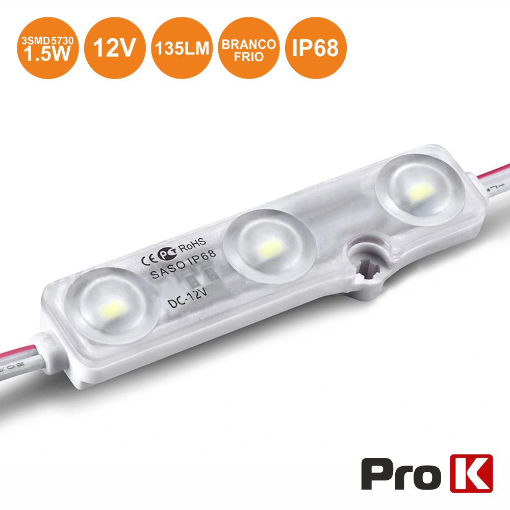 MÓDULO C/ 3 LEDS 5730 1.5W 6000K 135LM 12V IP68