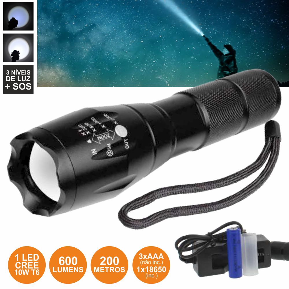 Lanterna C/ 1 LED Xpe 10W 5 Níveis Luz Recarregável Zoom 600