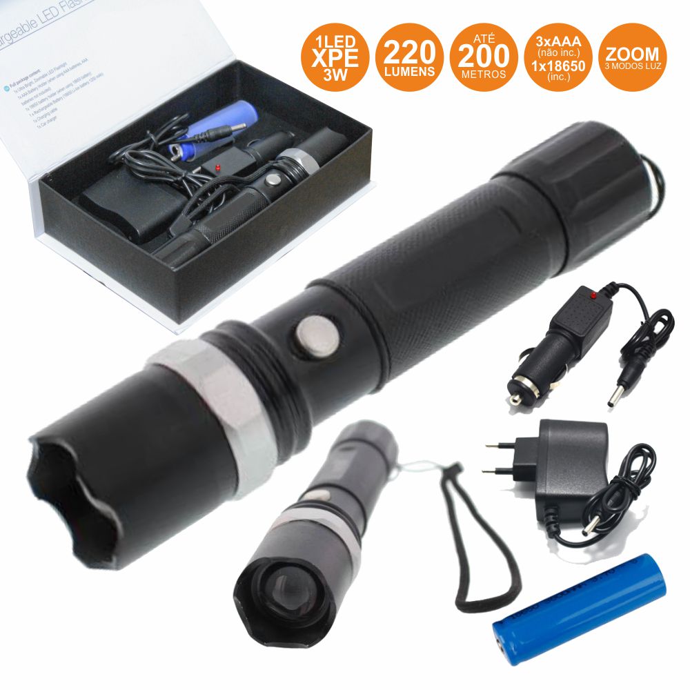 Lanterna 1 Led XPE 3W 3 Niveis c/ Zoom 220lum Recarregavel