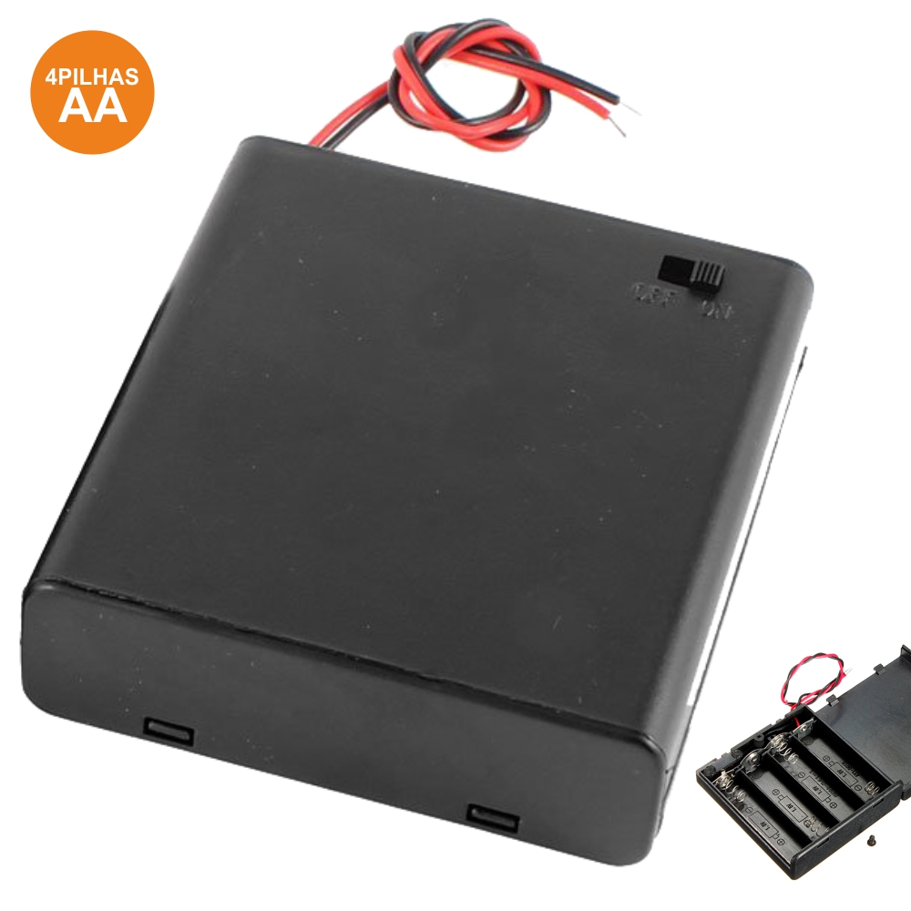 Suporte Pilhas 4xR6 c/ Fios 15cm - Em caixa c/ interruptor