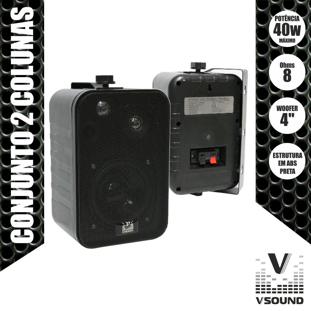 PAR DE COLUNAS 2V 40W 8R em ABS VSOUND Preto