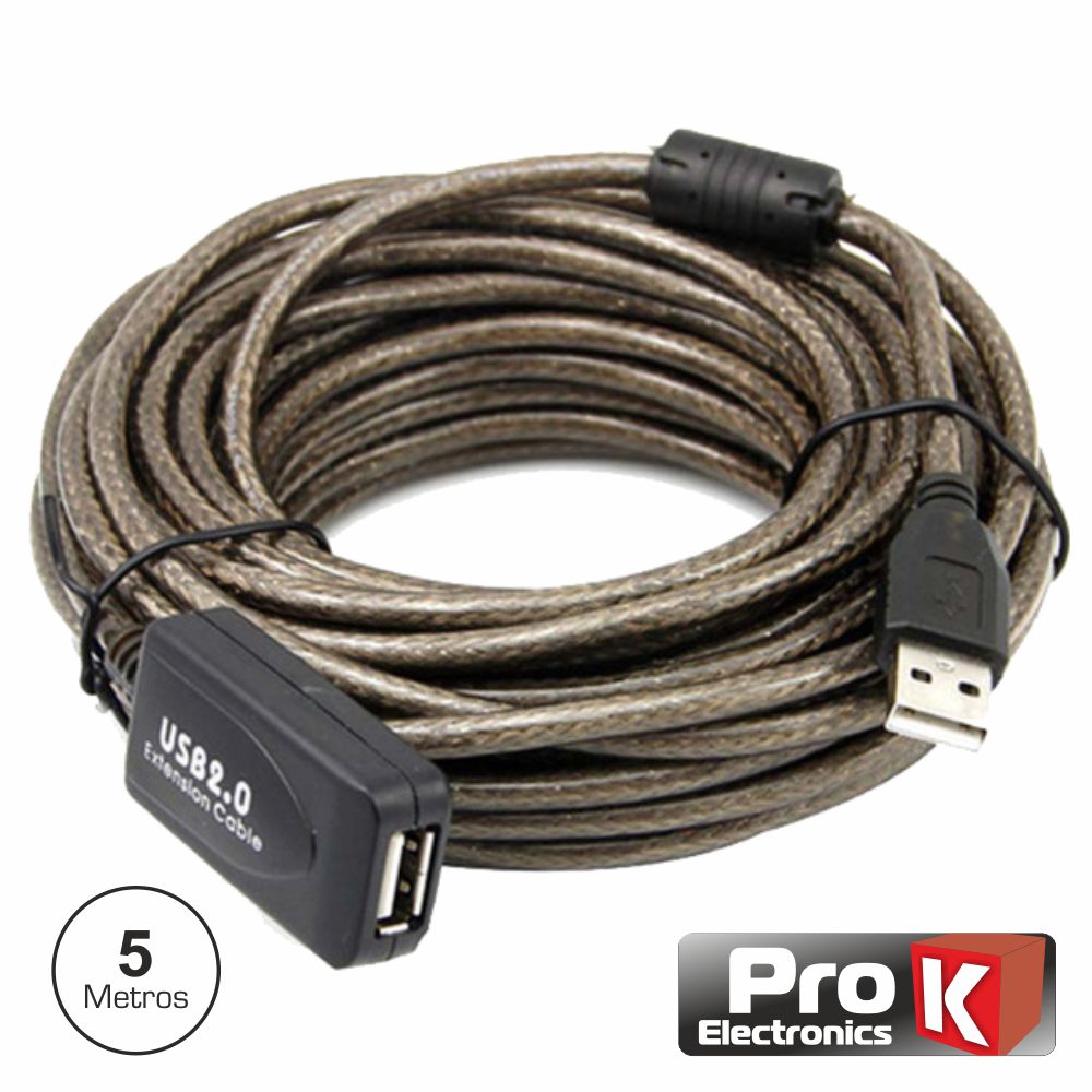 Cabo USB-A 2.0 Macho / USB-A Fêmea Amplificado 5m PROK