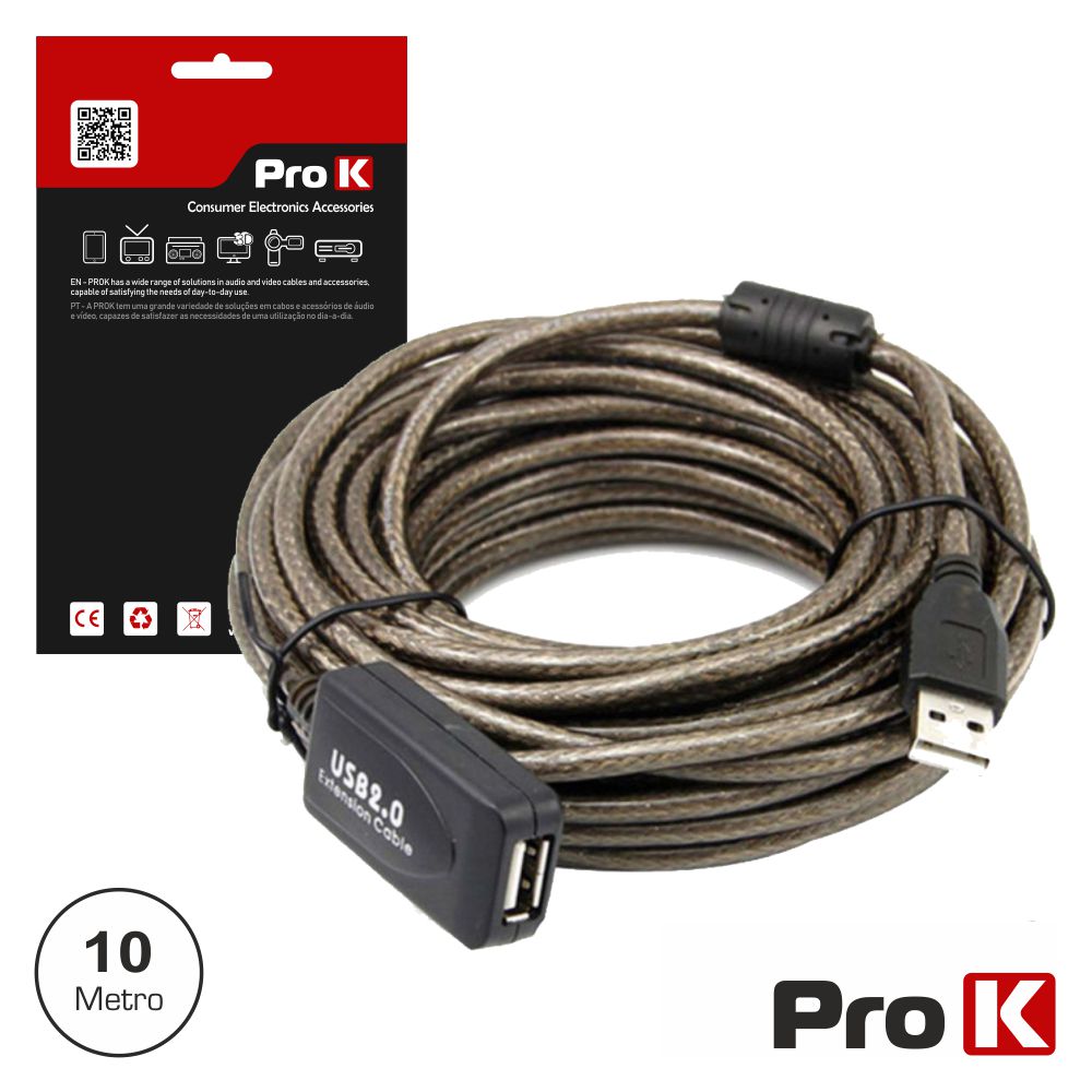 Cabo USB-A 2.0 Macho / USB-A Fêmea Amplificado 10m PROK