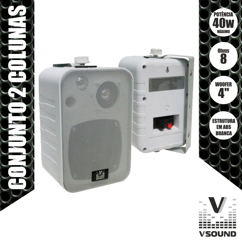 COLUNAS 2V 40W 8R em ABS BRANCAS VSOUND