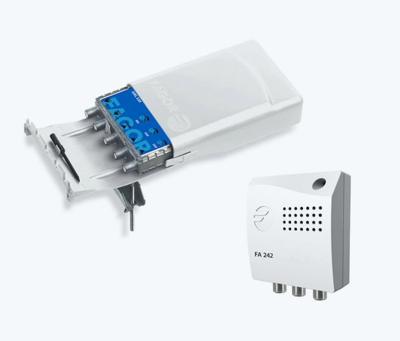 Kit Amplificador Mastro Fagor AML 540 4 entradas ( FM/B3-DAB/2 U 28/25/38db)  c/ filtros notch  LTE READY 5G + Alimentador FA 242 
