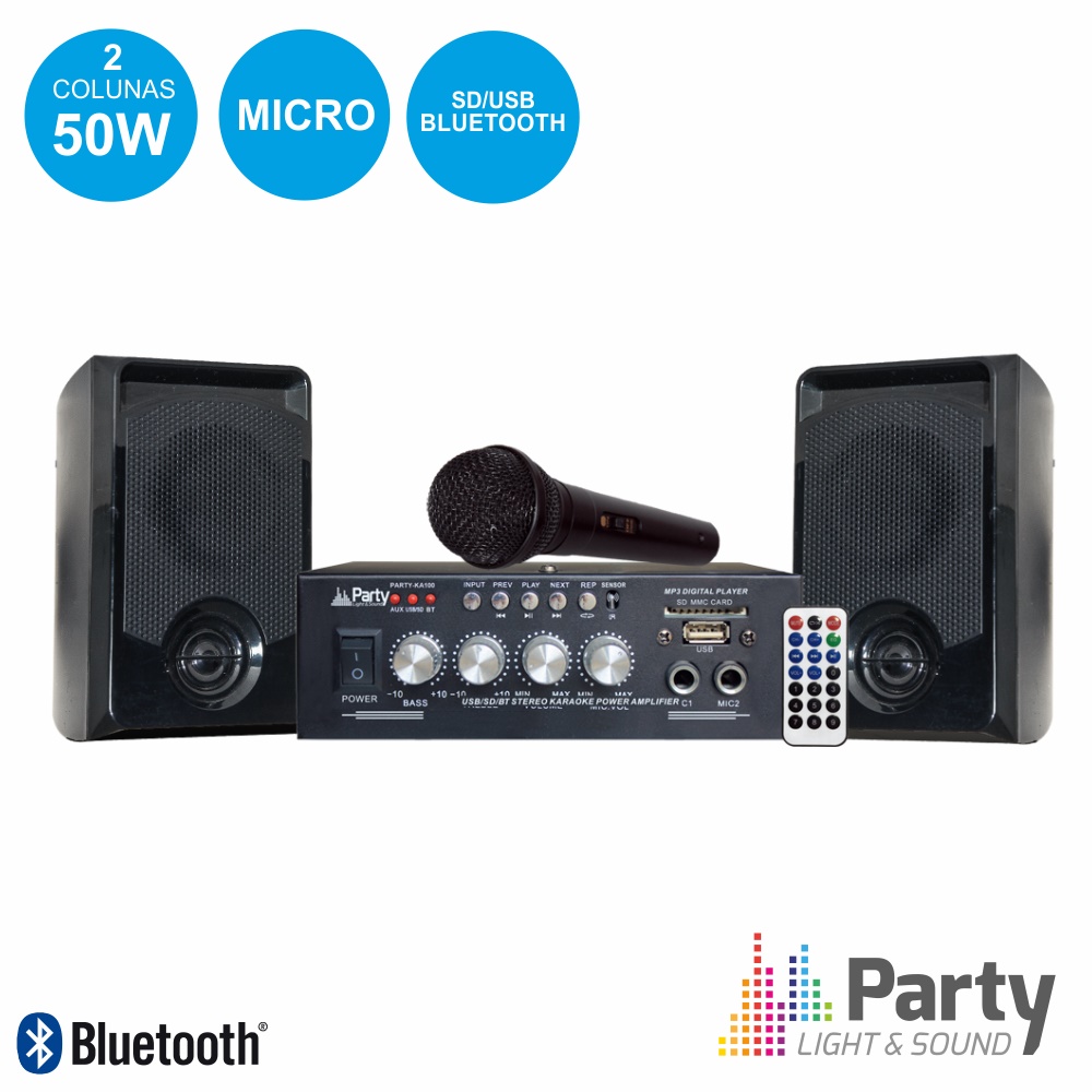 Conjunto Amplificador 2x50W com 2 Colunas e Microfpne By Party