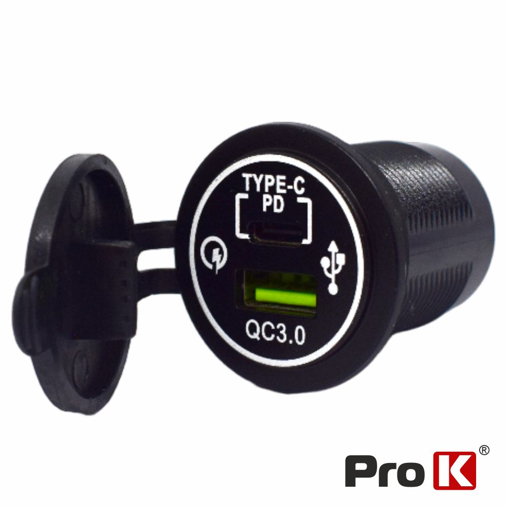 Tomada Dupla 12/24V USB-A 3.0 + USB-C PD de Embutir