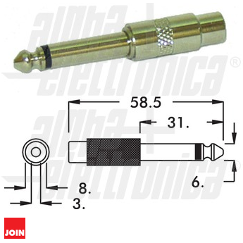 Ficha adaptadora JK 6.3mm macho / RCA femea metal