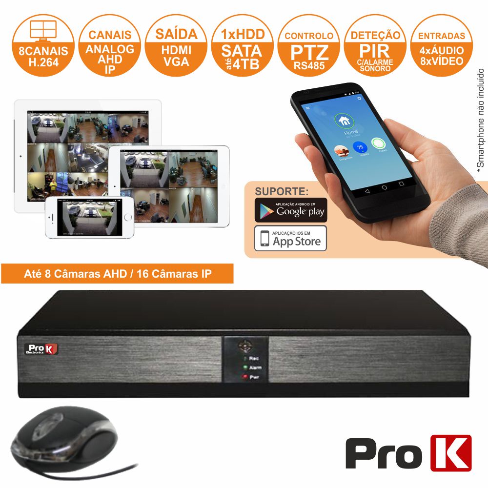 VÍDEO-GRAVADOR DIGITAL 8 CANAIS ANALOG/AHD/IP ETHERNET PROK
