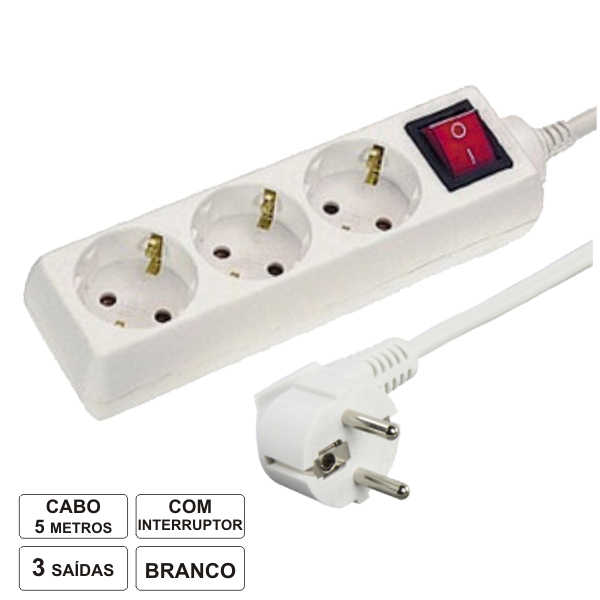 Extensão Eléctrica 3 Vias Shucko 5mt c/ Interruptor