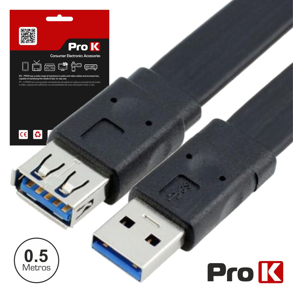 Cabo USB-A 3.0 Macho / USB-A Femea 0.5m Fita PROK