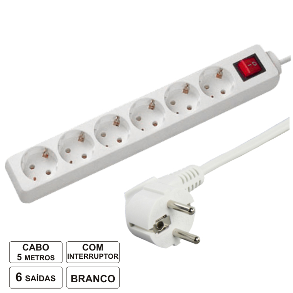 Extensão Eléctrica 6 Vias Shucko 5mt c/ Interruptor